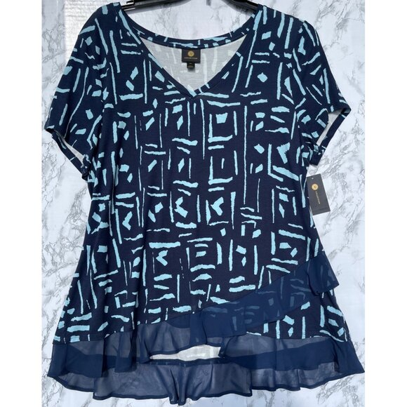 JM Collection Navy & Aqua Geometric Print Top With Sheer Ruffle Hem V-Neck - Picture 1 of 8